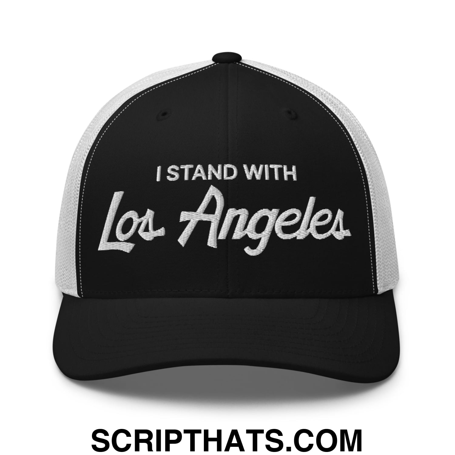 Black and white mesh trucker hat with embroidered i stand with los angeles cursive text in vintage sports script