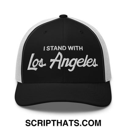 Black and white mesh trucker hat with embroidered i stand with los angeles cursive text in vintage sports script
