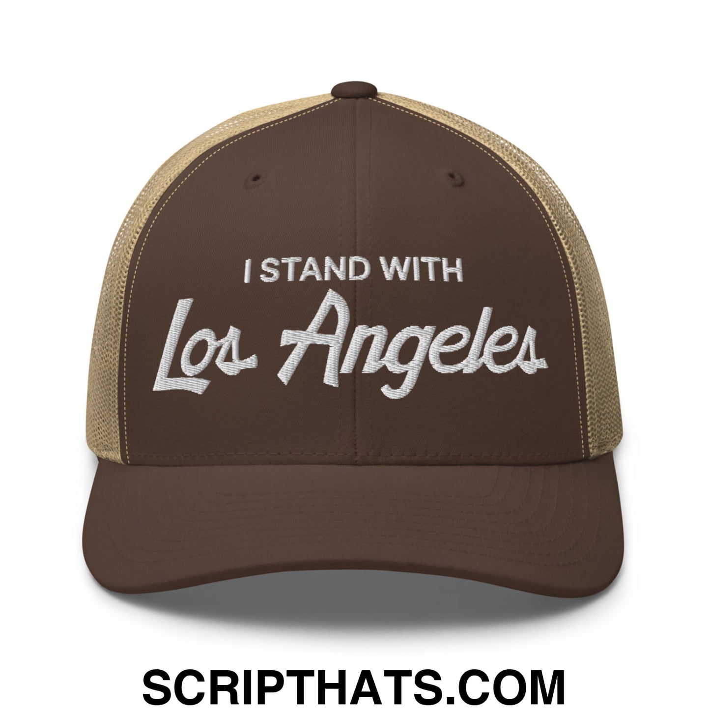 Brown and tan mesh trucker hat with white embroidered i stand with los angeles text vintage sports style