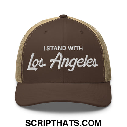 Brown and tan mesh trucker hat with white embroidered i stand with los angeles text vintage sports style