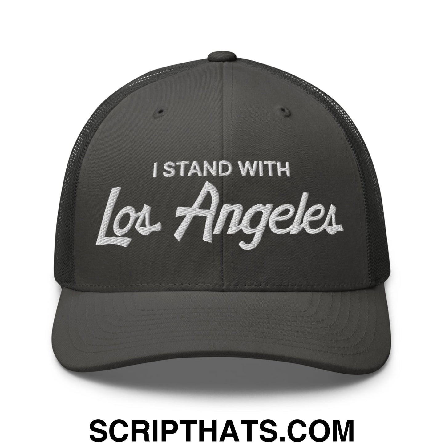 Dark gray mesh trucker hat with white embroidered i stand with los angeles script text vintage sports style