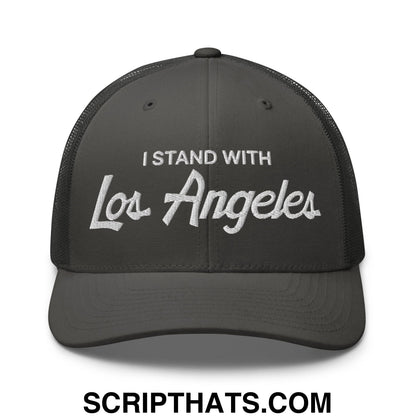 Dark gray mesh trucker hat with white embroidered i stand with los angeles script text vintage sports style