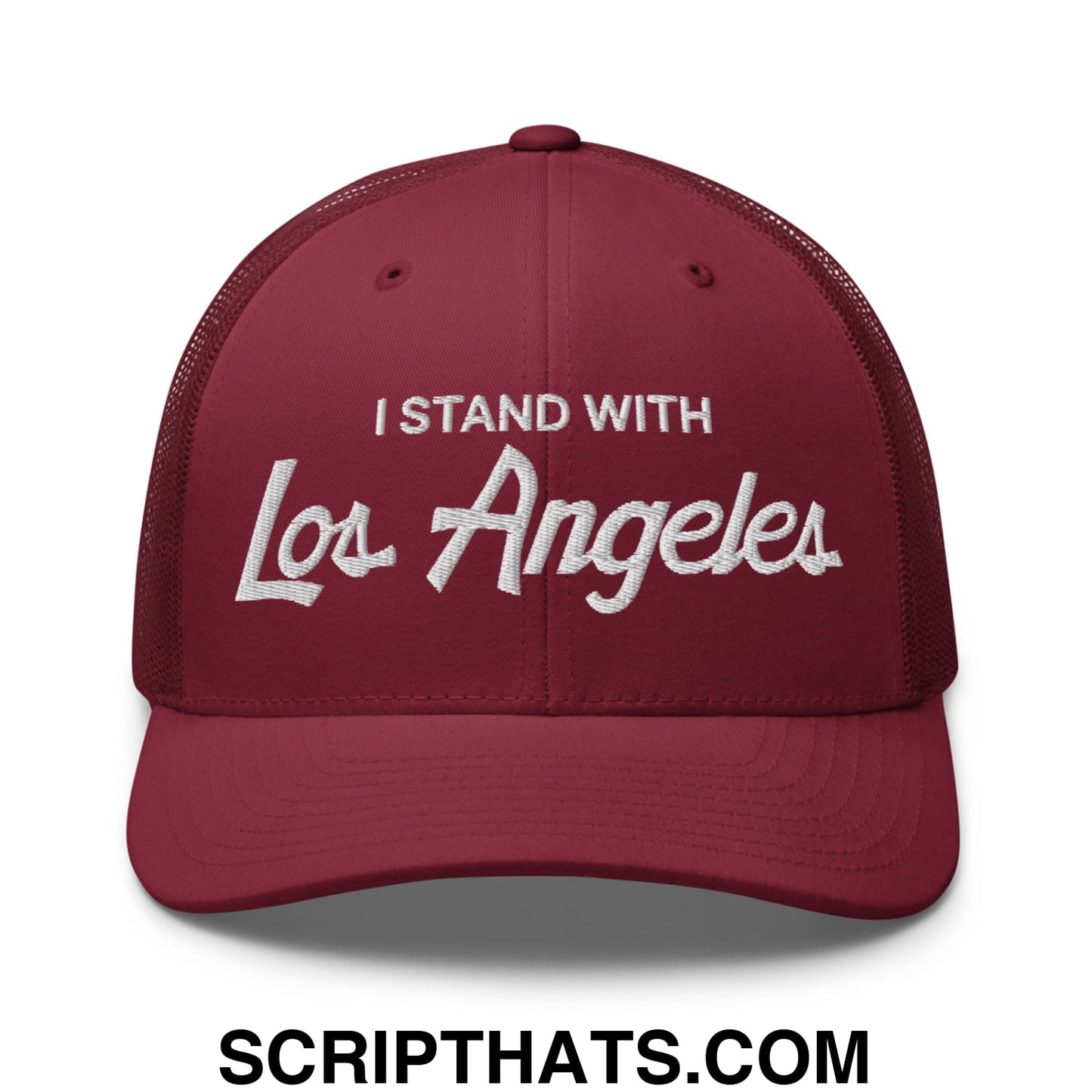 Maroon mesh trucker hat with white embroidered i stand with los angeles vintage sports script on front panel