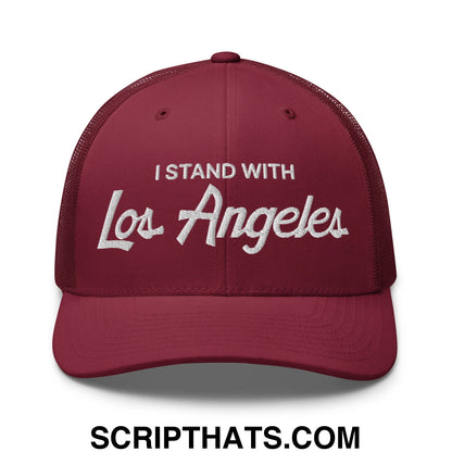 Maroon mesh trucker hat with white embroidered i stand with los angeles vintage sports script on front panel