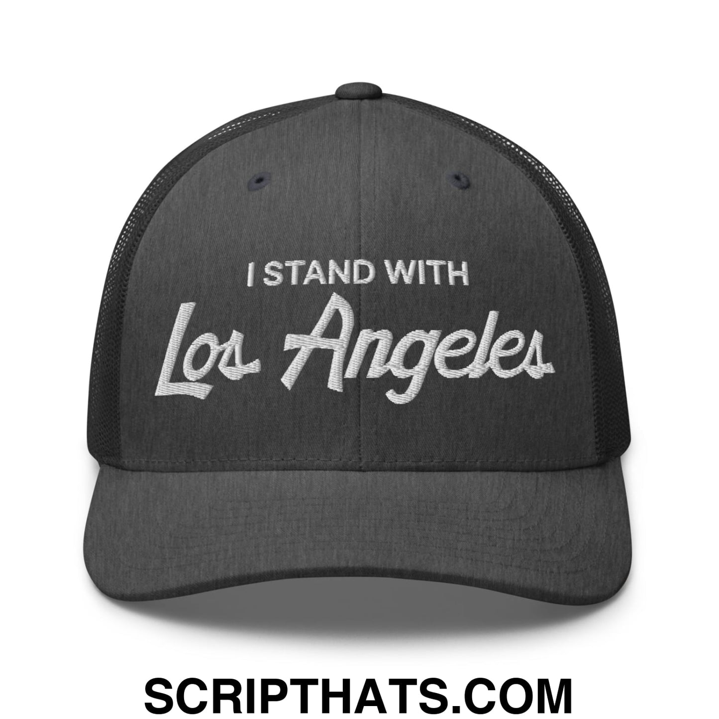 Black mesh trucker hat with white embroidered i stand with los angeles vintage sports script on front