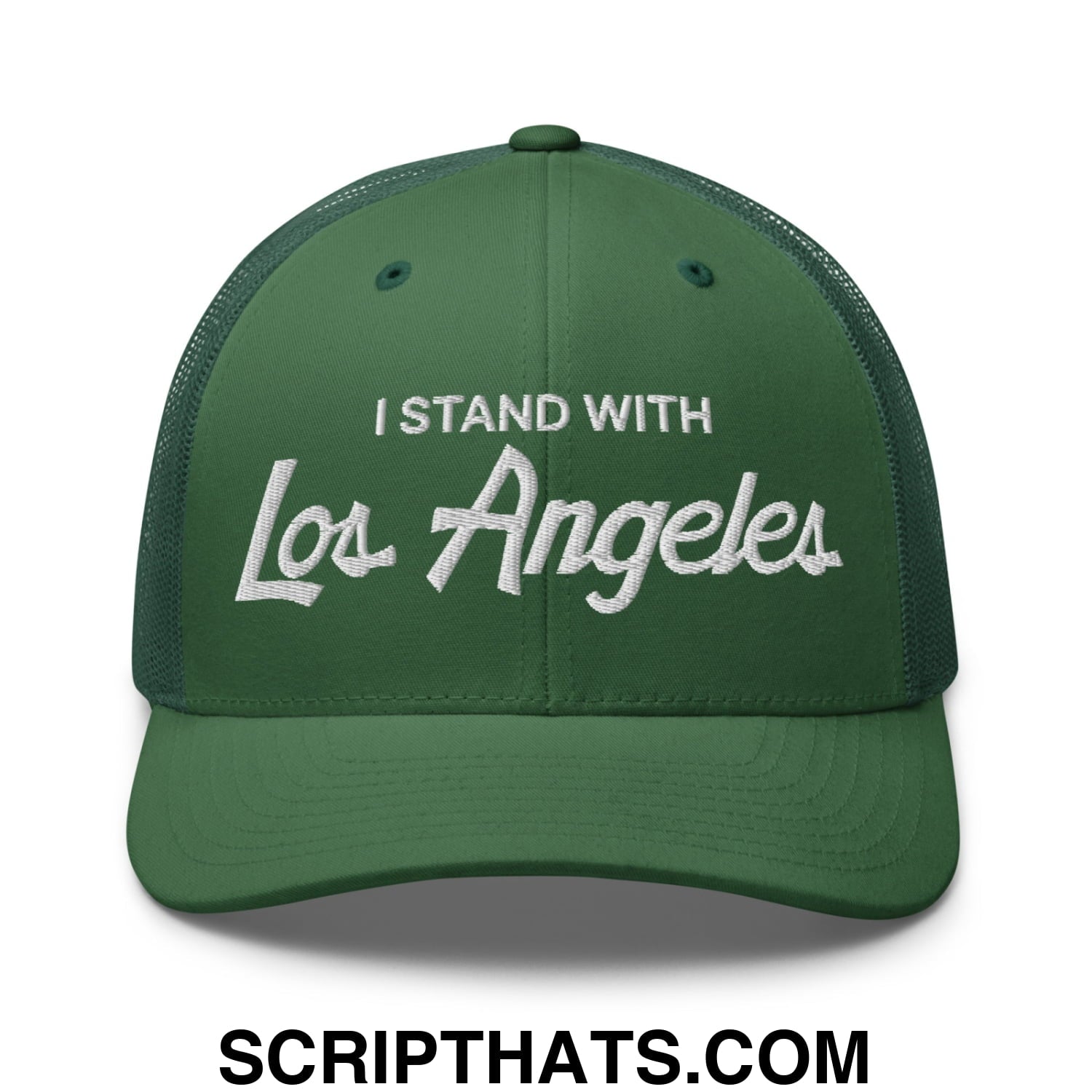 A dark green mesh trucker hat with white embroidered i stand with los angeles vintage sports script text