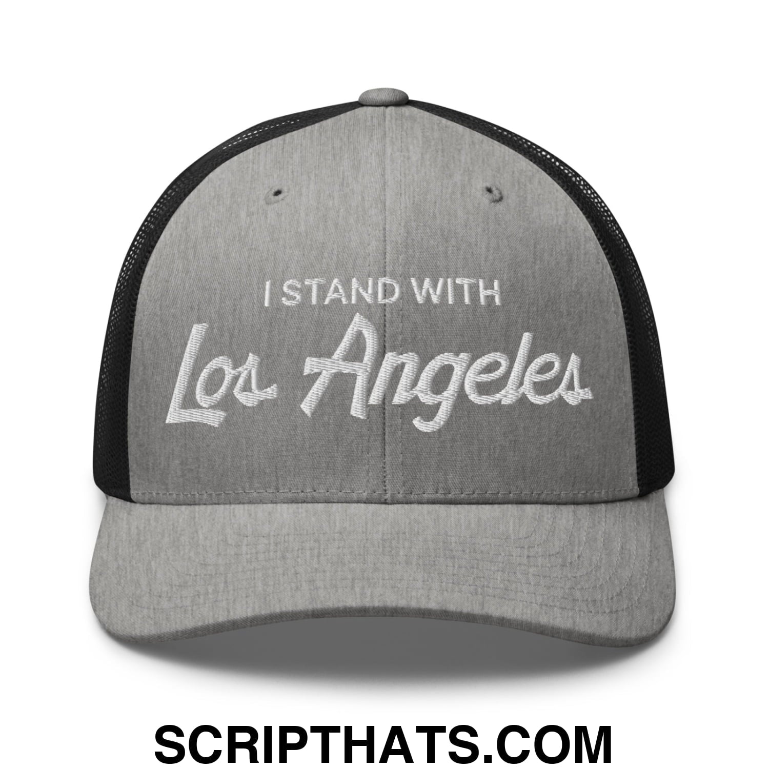 Gray mesh trucker hat with white embroidered i stand with los angeles text and black mesh back panel