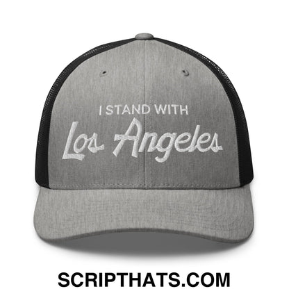 Gray mesh trucker hat with white embroidered i stand with los angeles text and black mesh back panel