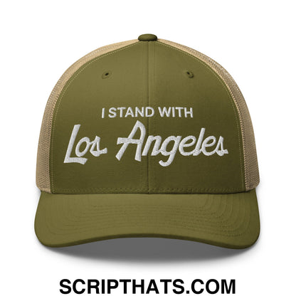 Olive green and tan mesh trucker hat with white embroidered i stand with los angeles vintage sports script text