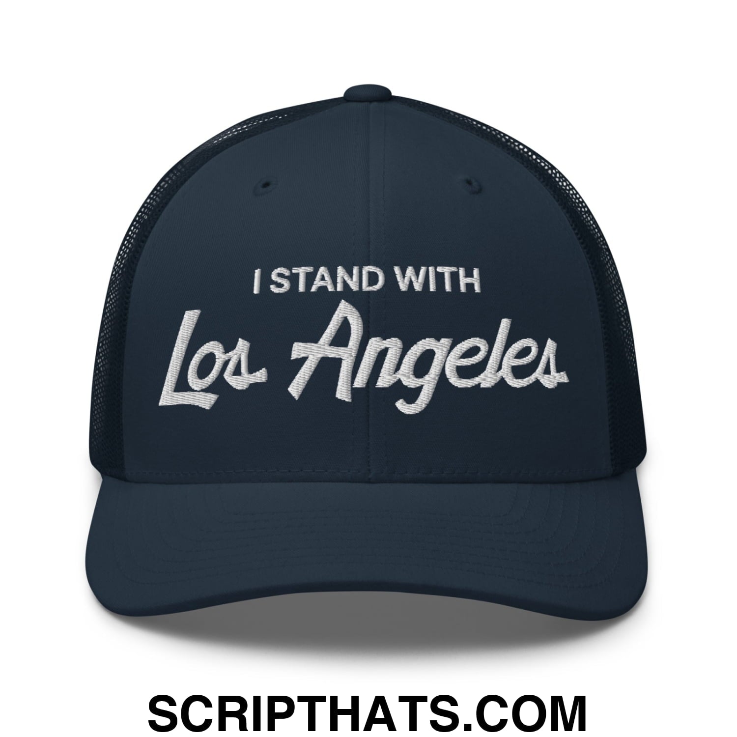 Dark navy mesh trucker hat with white embroidered i stand with los angeles text in vintage sports script style