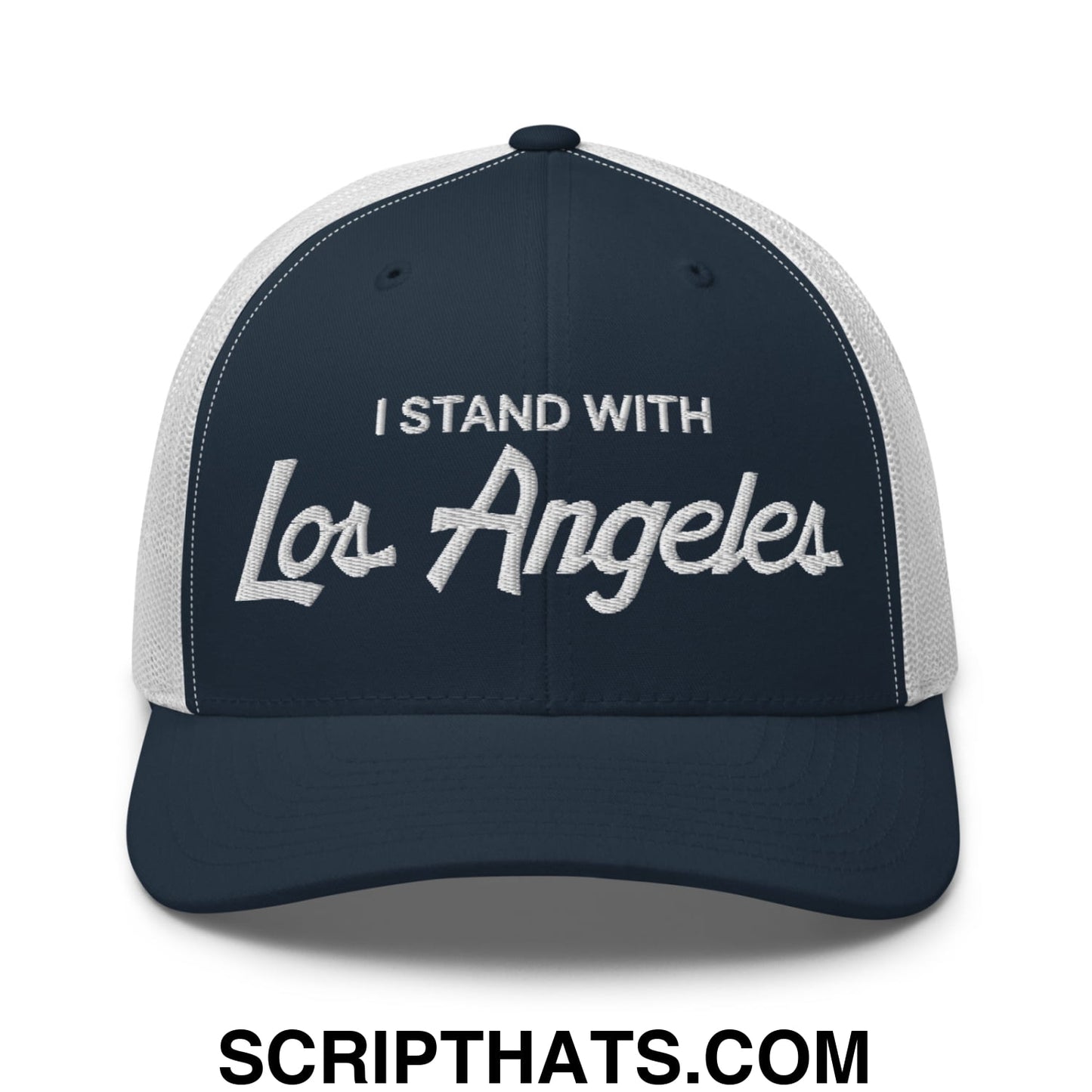 Navy blue and white mesh trucker hat with embroidered i stand with los angeles vintage sports script text