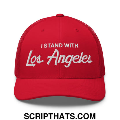 Red mesh trucker hat with white embroidered i stand with los angeles sports script on the front panel