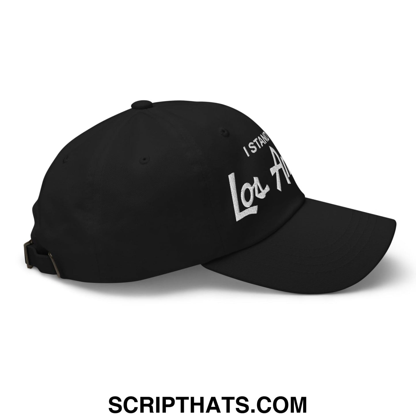 Black unstructured dad hat with white embroidered i stand los angeles vintage sports script text