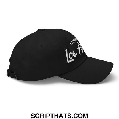 Black unstructured dad hat with white embroidered i stand los angeles vintage sports script text