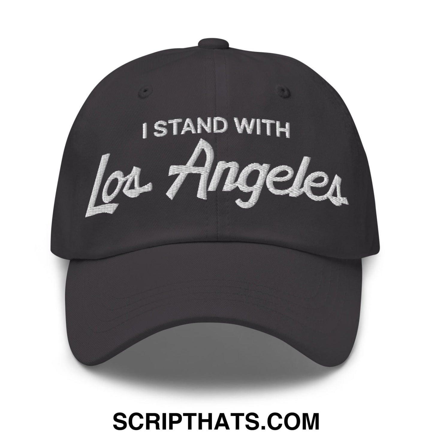 Black unstructured dad hat with white embroidered i stand with los angeles script for vintage sports style