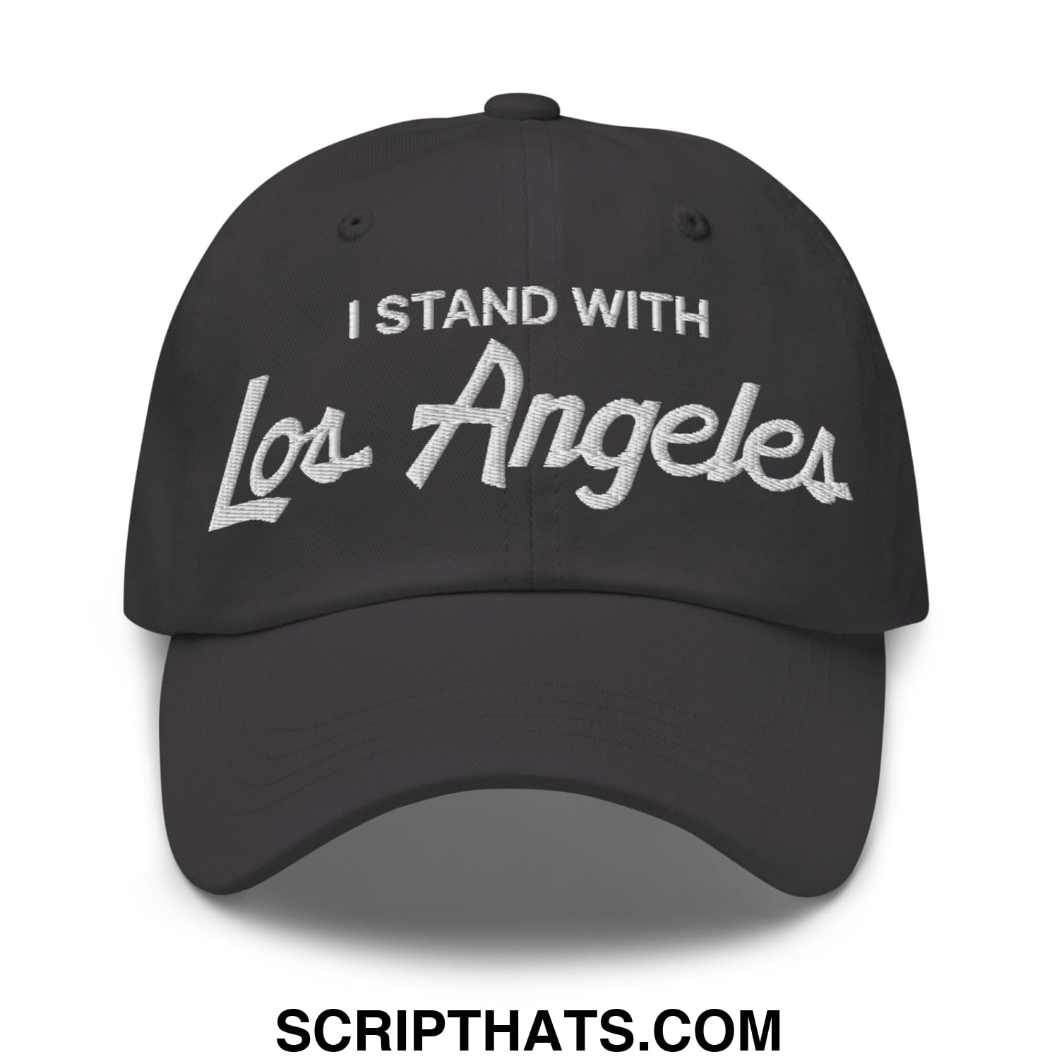 Black unstructured dad hat with white embroidered i stand with los angeles script for vintage sports style