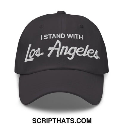 Black unstructured dad hat with white embroidered i stand with los angeles script for vintage sports style