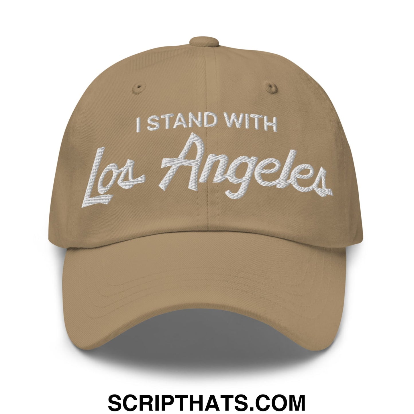 Tan unstructured dad hat with white embroidered i stand with los angeles text vintage sports script design