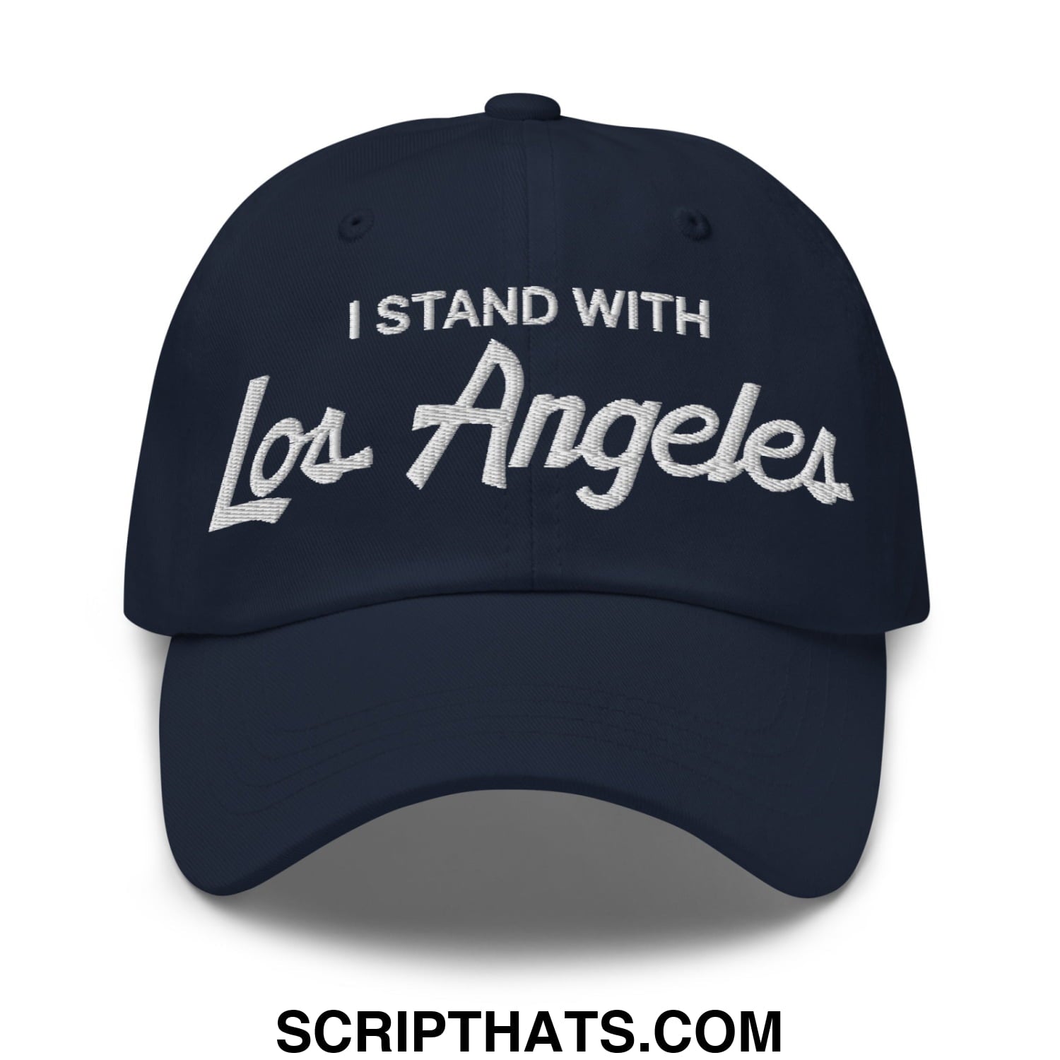 Navy blue unstructured dad hat with white embroidered i stand with los angeles vintage sports script text