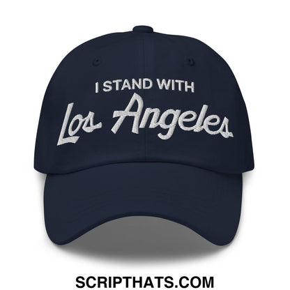 Navy blue unstructured dad hat with white embroidered i stand with los angeles vintage sports script text