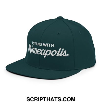 Dark green snapback hat with white embroidered i stand with minneapolis text and flat bill brim design