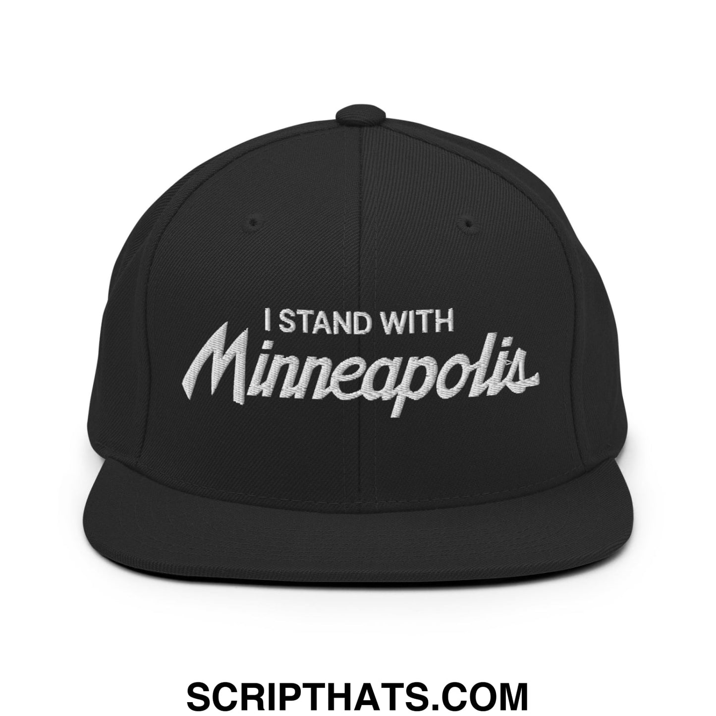 Black snapback hat with white embroidered i stand with minneapolis text in stylized script font flat bill brim