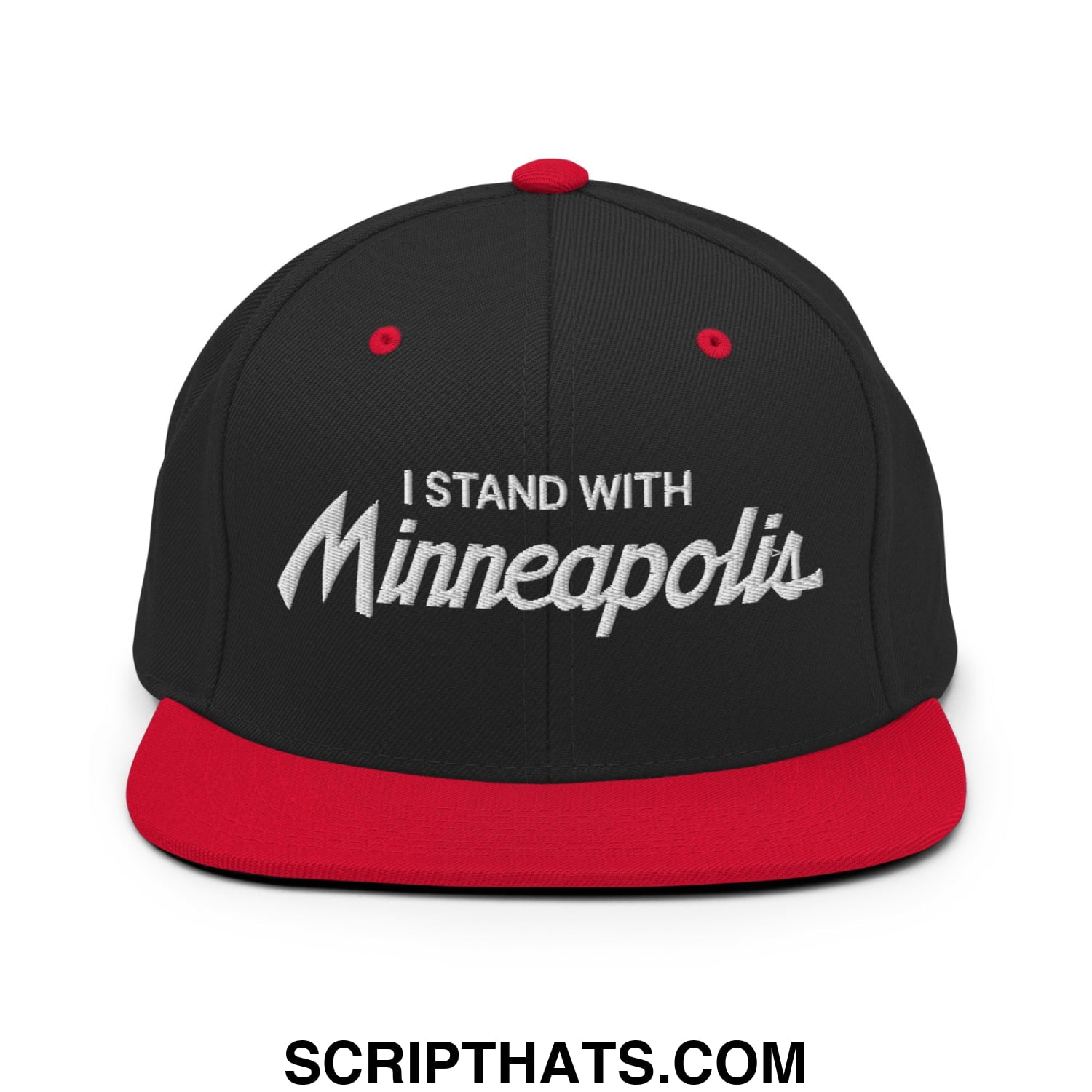 Black and red flat bill snapback hat with white embroidered i stand with minneapolis text on the front