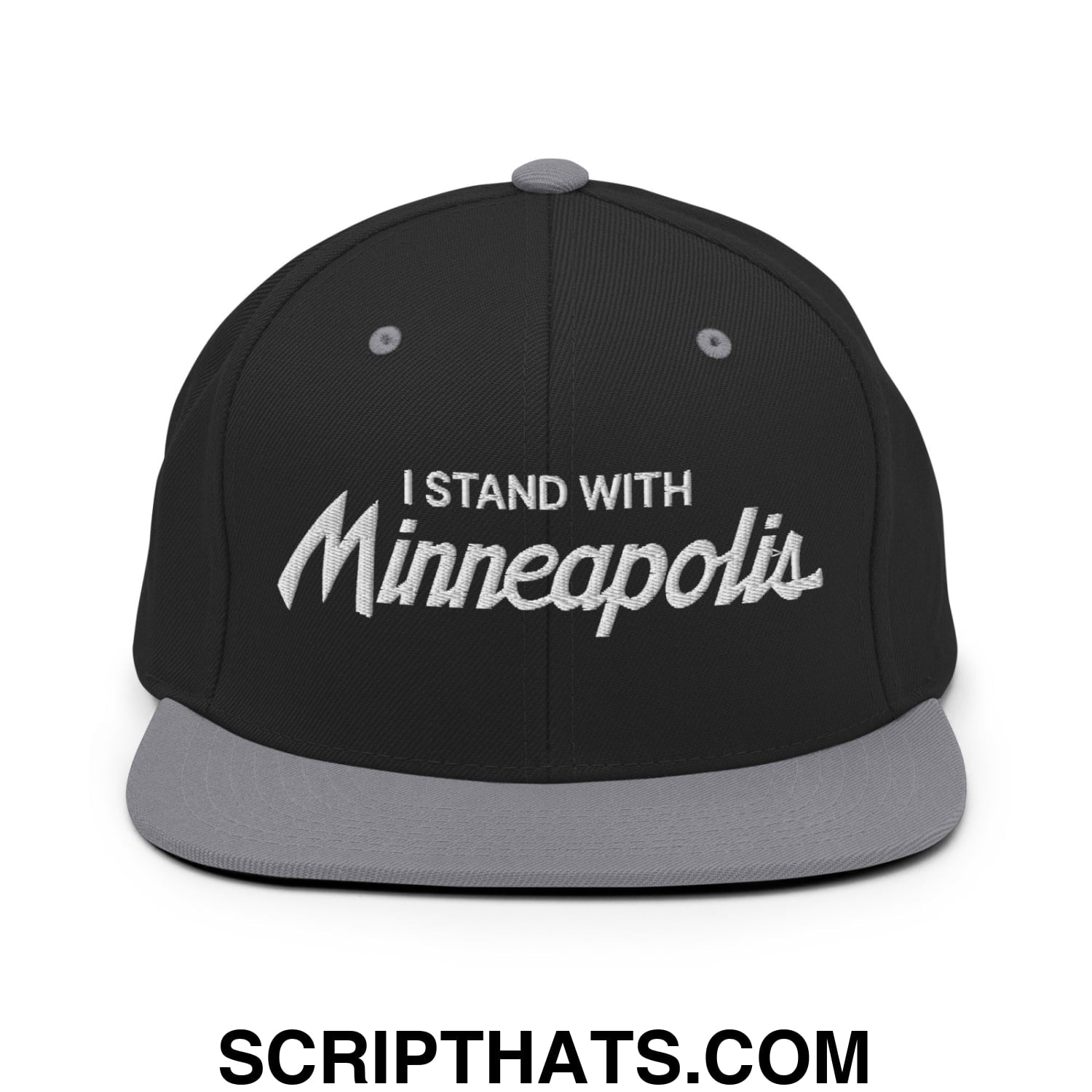 I Stand With Minneapolis Embroidered Flat Bill Brim Snapback Hat Black Silver
