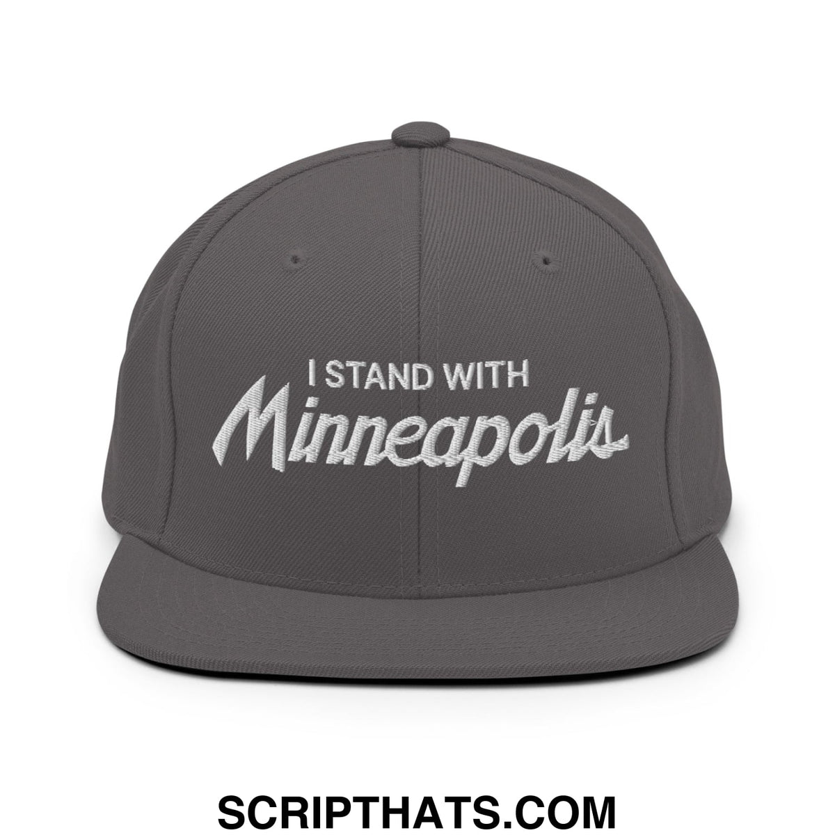Gray snapback hat with white embroidered i stand with minneapolis script text and flat bill brim design