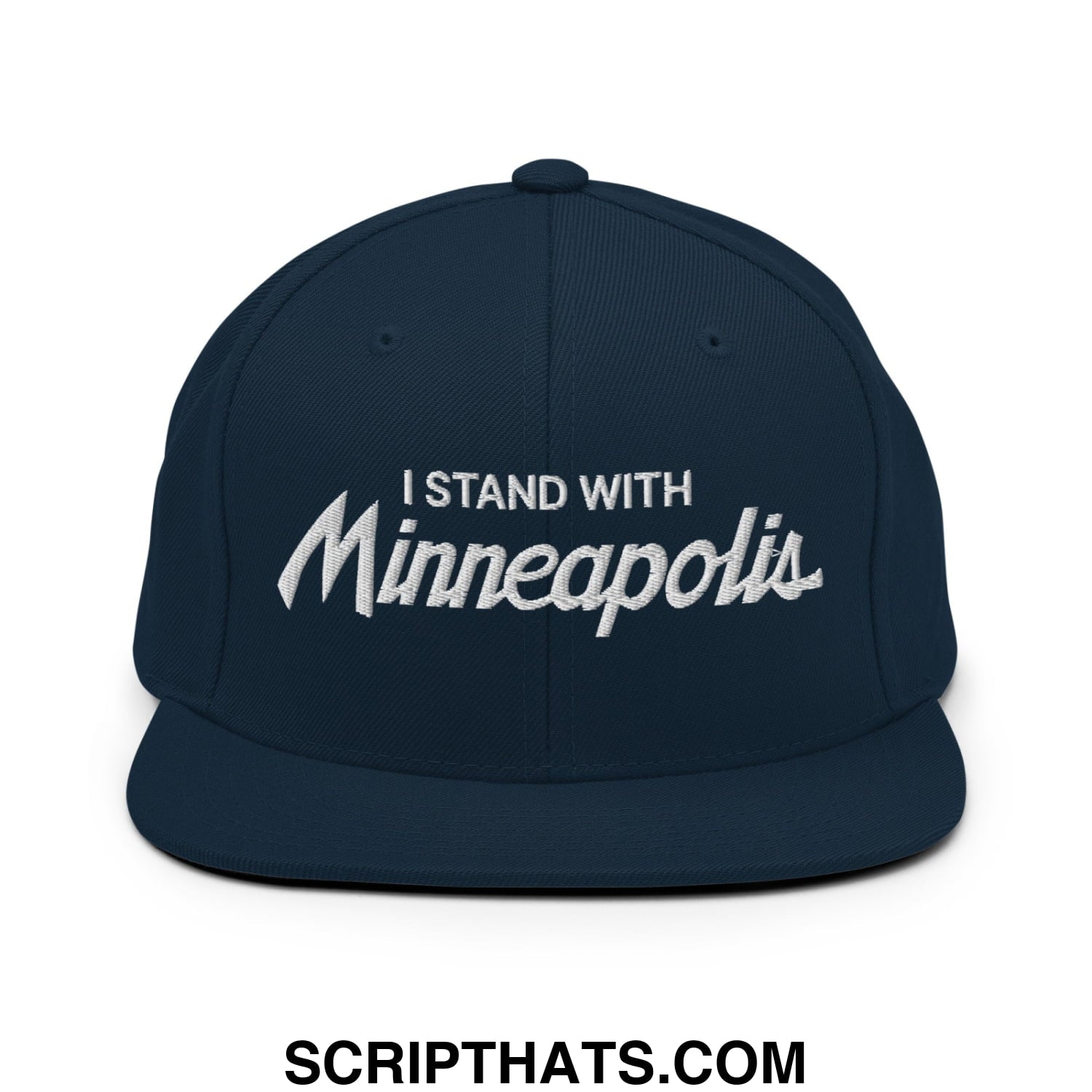 Navy blue snapback cap with white embroidered i stand with minneapolis text in script font flat bill brim hat