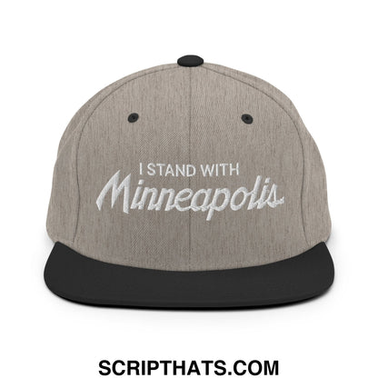 Gray heather snapback cap with black brim and embroidered white i stand with minneapolis text flat bill hat