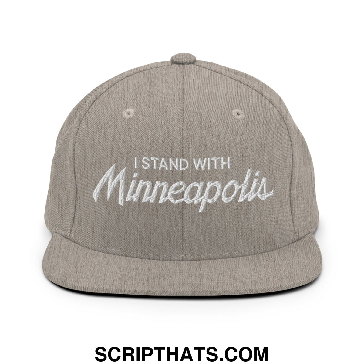 Gray snapback hat with white embroidered i stand with minneapolis text and flat bill brim in cotton material