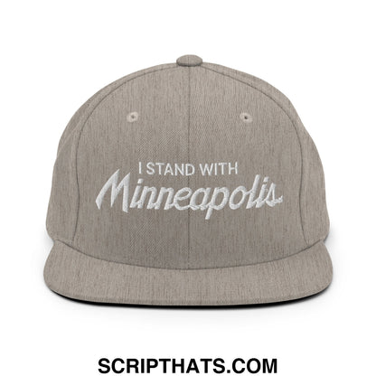 Gray snapback hat with white embroidered i stand with minneapolis text and flat bill brim in cotton material