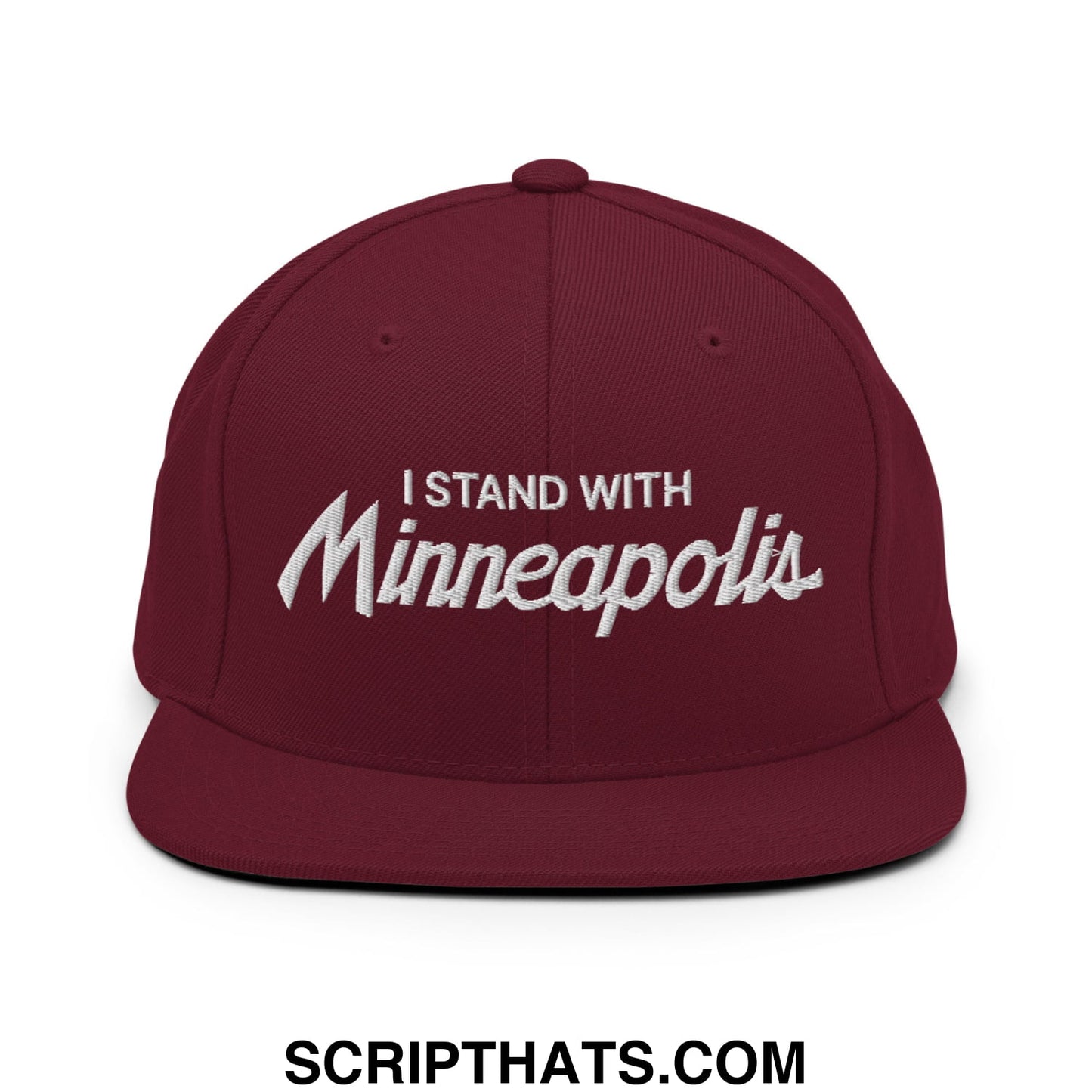 Maroon snapback hat with white embroidered i stand with Minneapolis text and flat bill brim for casual wear