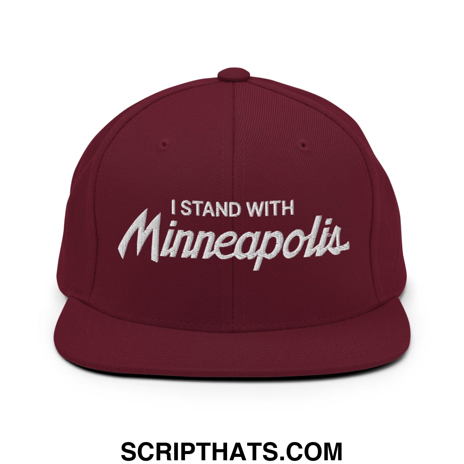Maroon snapback hat with white embroidered i stand with Minneapolis text and flat bill brim for casual wear