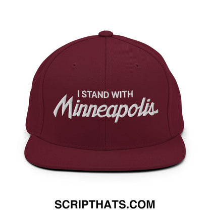 Maroon snapback hat with white embroidered i stand with Minneapolis text and flat bill brim for casual wear