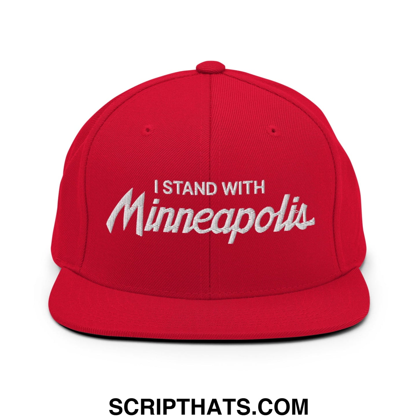 Red snapback cap with white embroidered i stand with minneapolis text in script font flat bill brim design