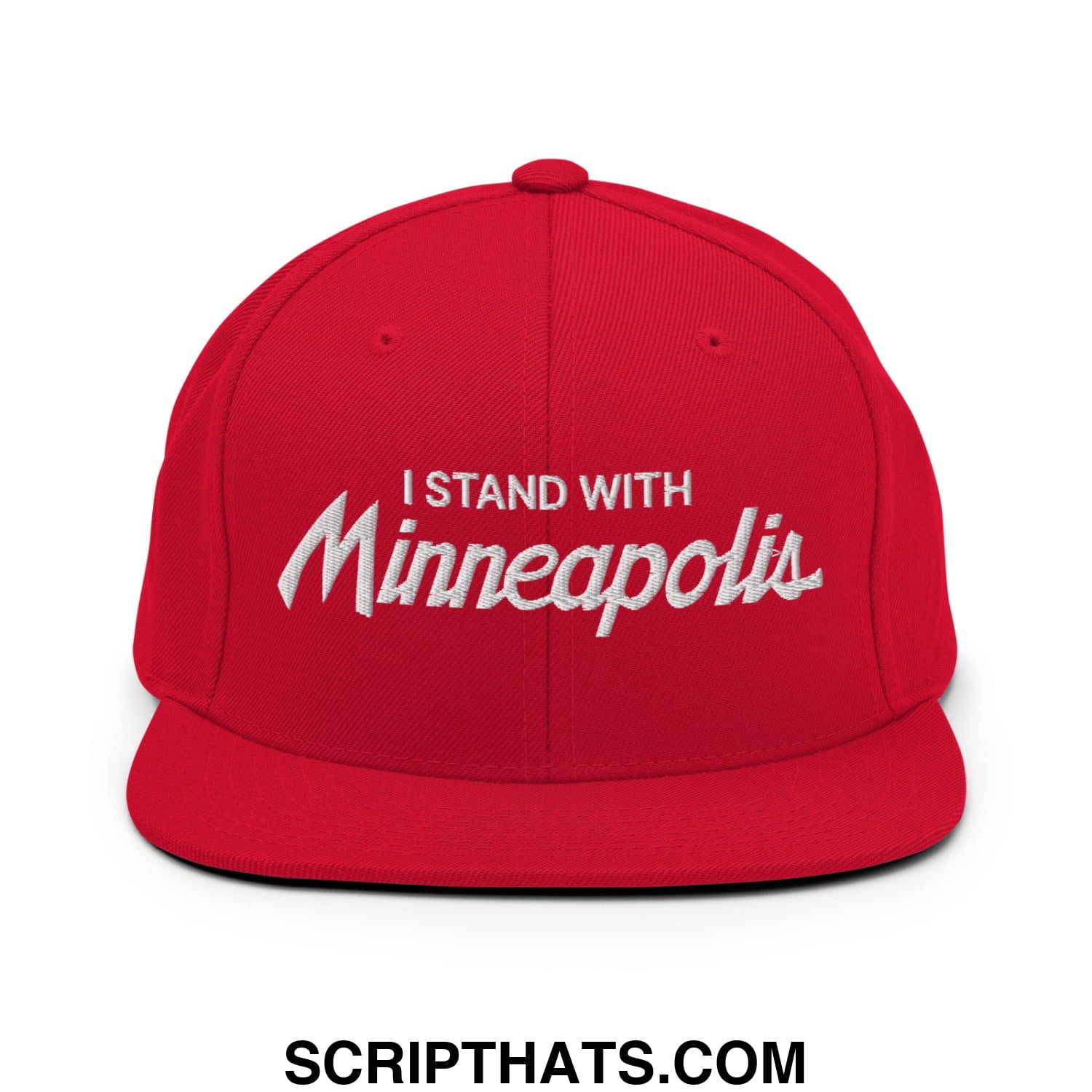 Red snapback cap with white embroidered i stand with minneapolis text in script font flat bill brim design