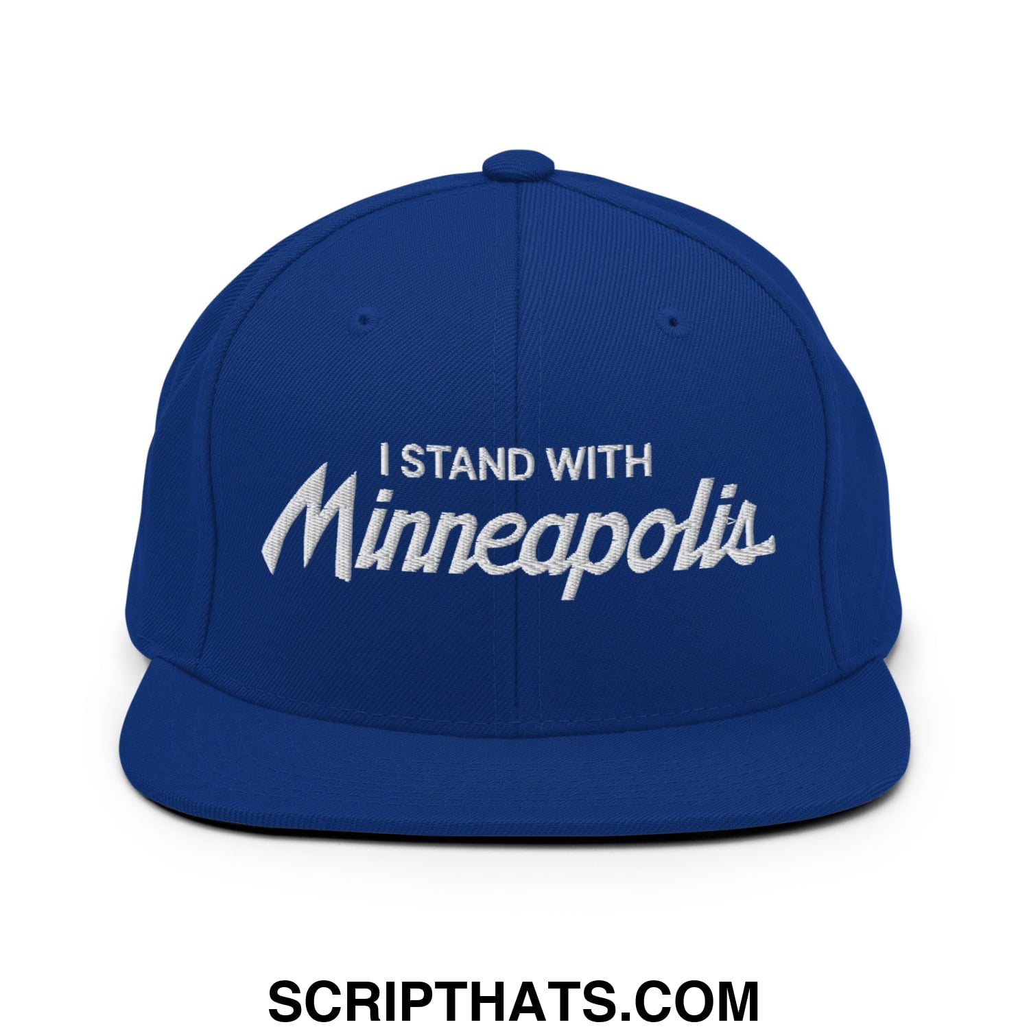 Royal blue snapback hat with white embroidered i stand with minneapolis text in stylized script font
