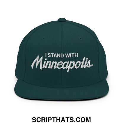 Dark green snapback hat with white embroidered i stand with minneapolis text in stylized script flat bill brim