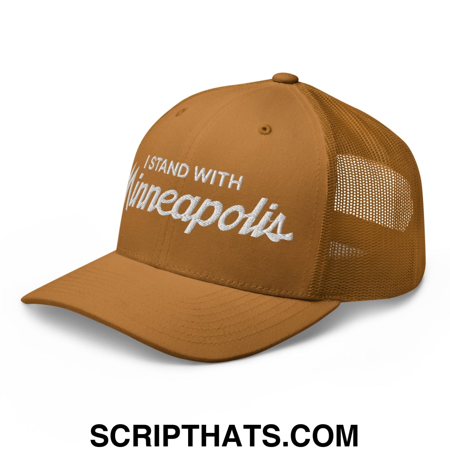 I Stand With Minneapolis Embroidered Mesh Trucker Hat Caramel