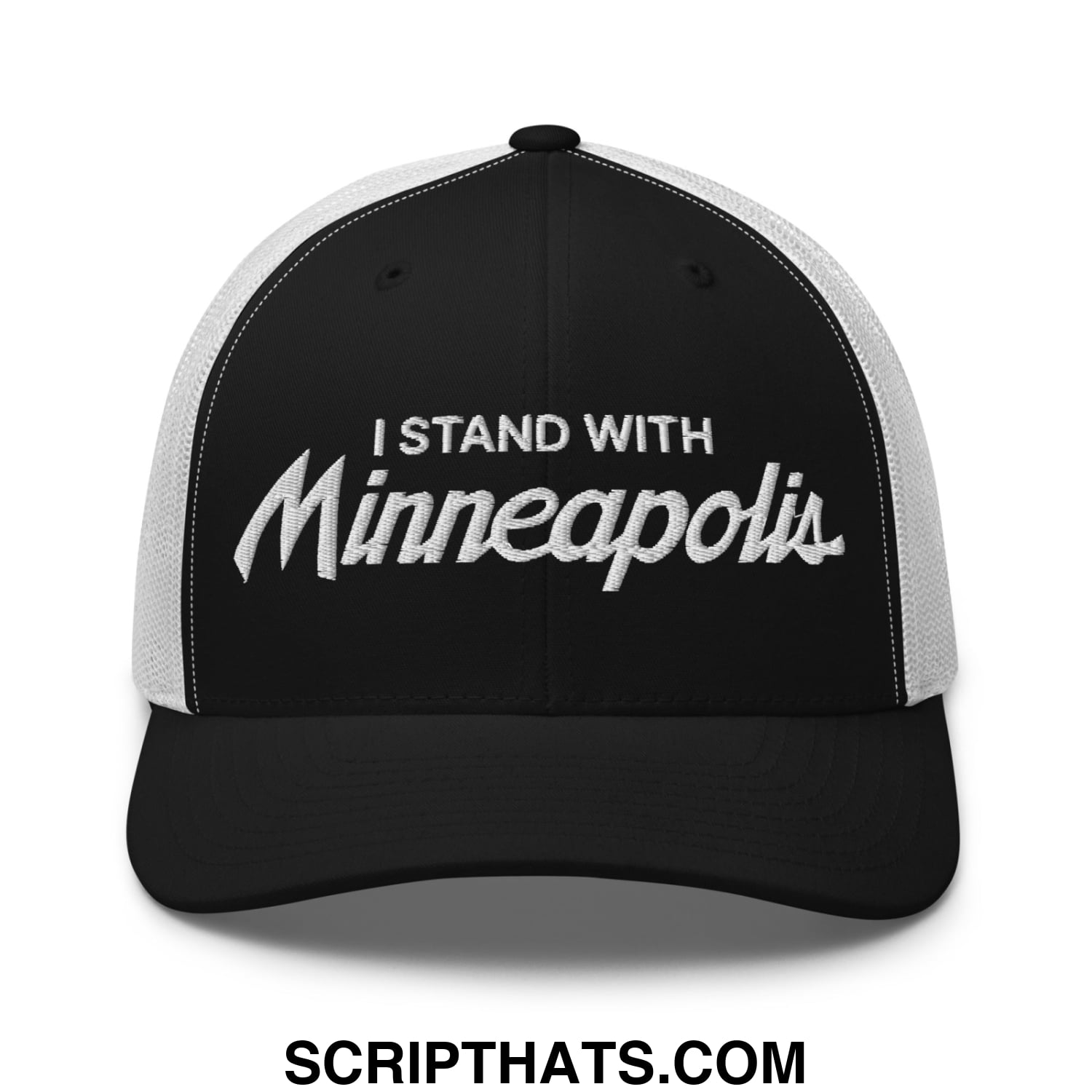 Black and white mesh trucker hat with embroidered i stand with Minneapolis text in stylized script font