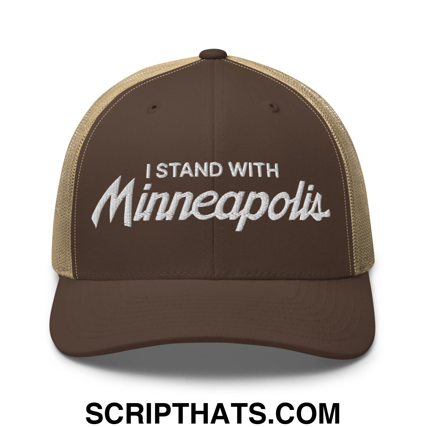 I Stand With Minneapolis Embroidered Mesh Trucker Hat Brown Khaki