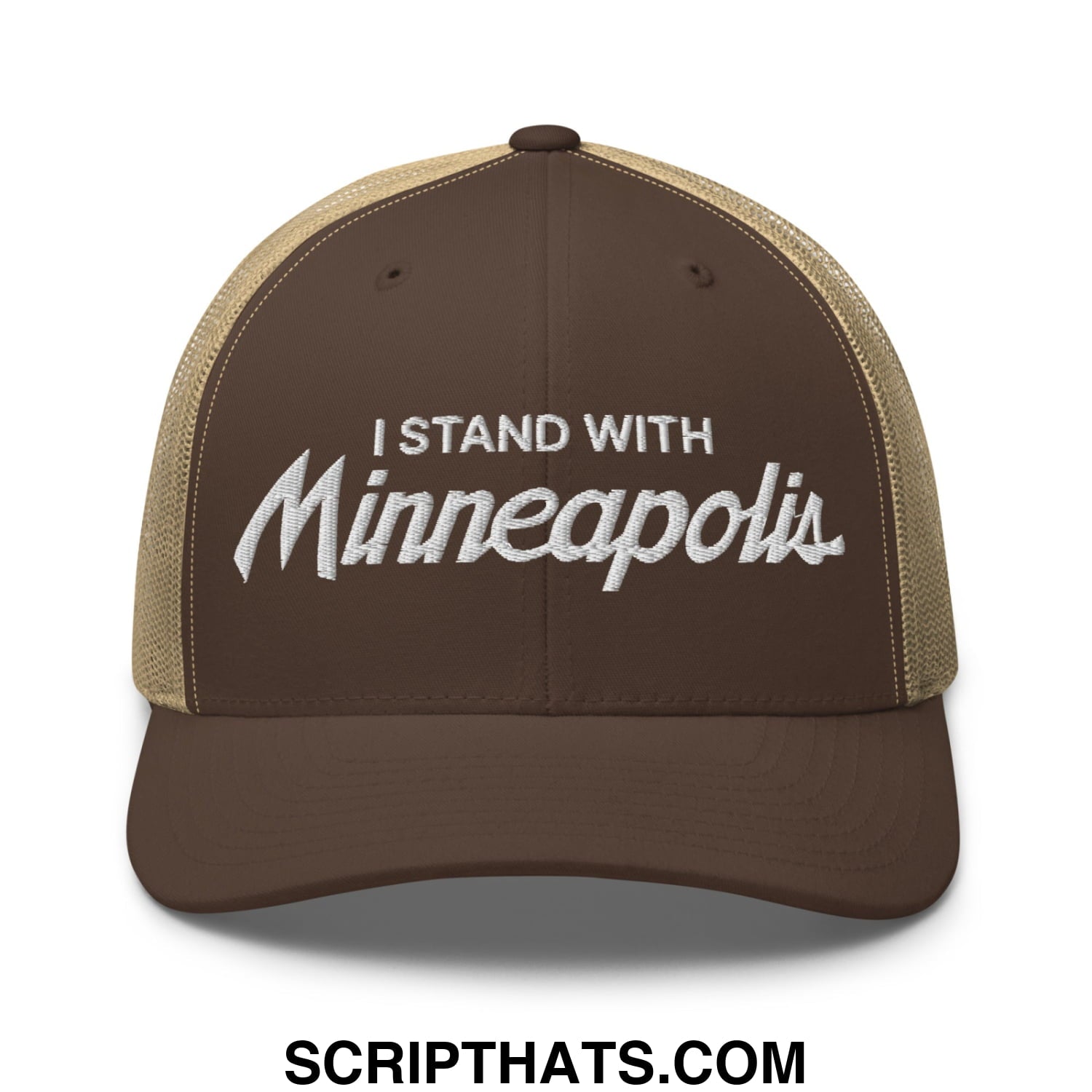 Brown and tan mesh trucker hat with white embroidered i stand with minneapolis text front view