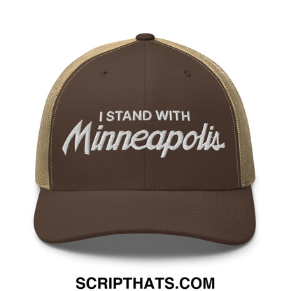 Brown and tan mesh trucker hat with white embroidered i stand with minneapolis text front view