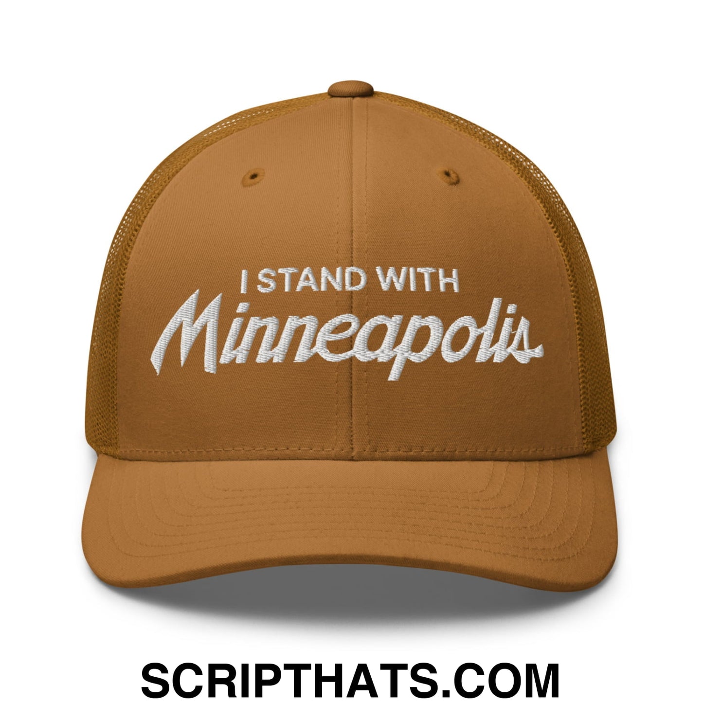 I Stand With Minneapolis Embroidered Mesh Trucker Hat Caramel
