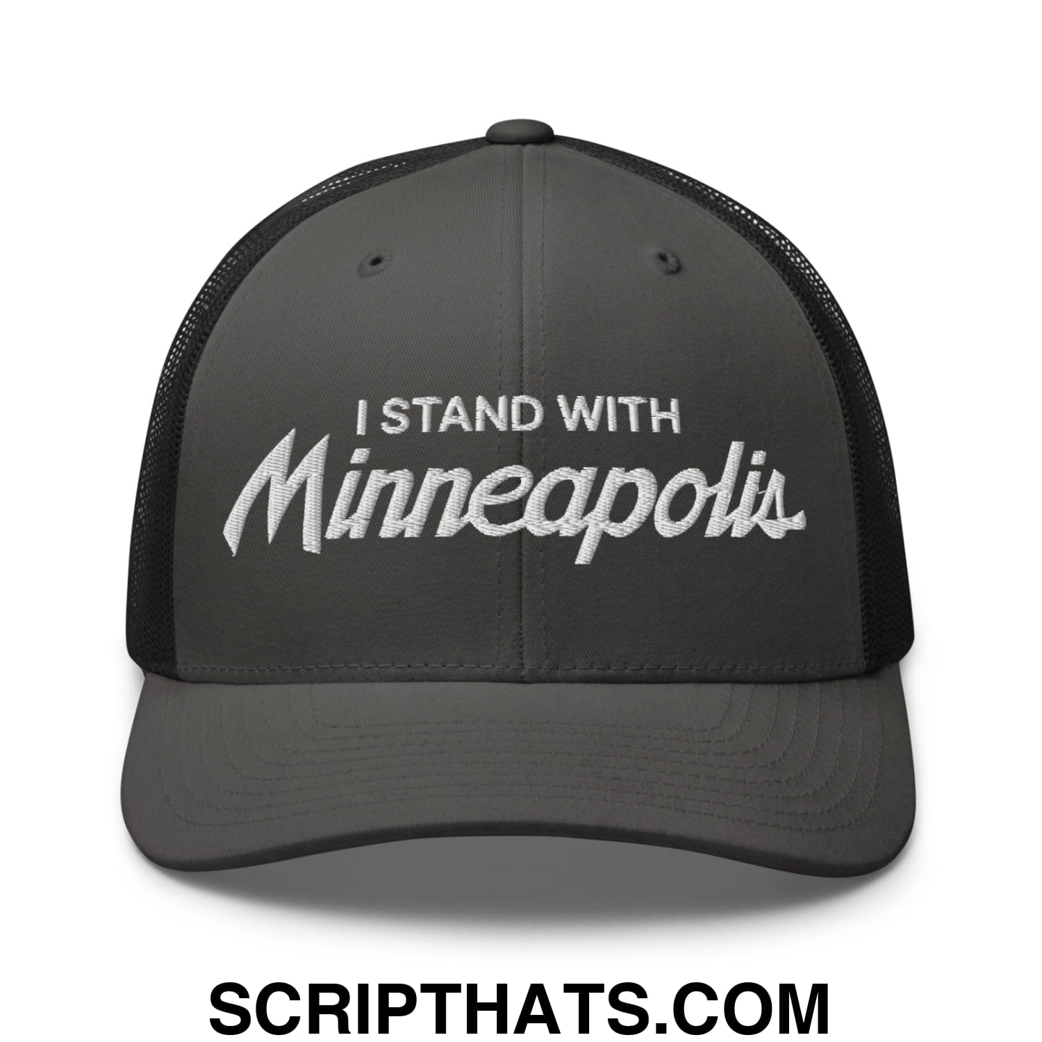 I Stand With Minneapolis Embroidered Mesh Trucker Hat Charcoal Black