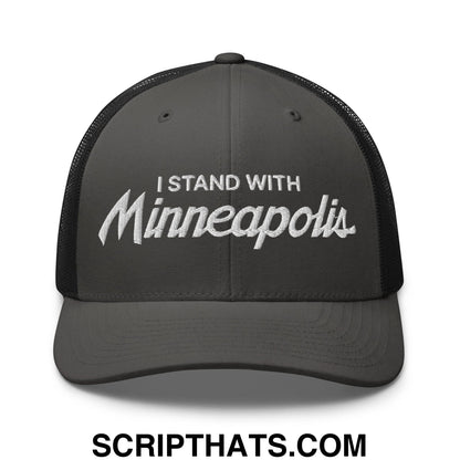 I Stand With Minneapolis Embroidered Mesh Trucker Hat Charcoal Black