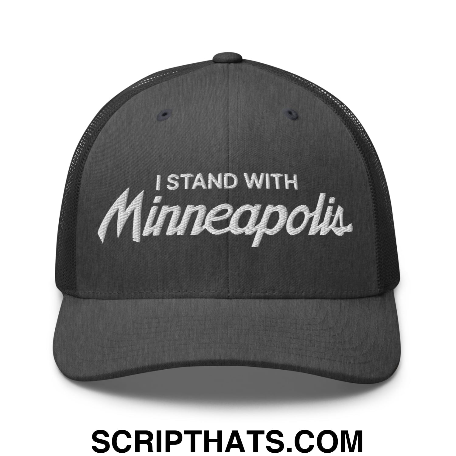 I Stand With Minneapolis Embroidered Mesh Trucker Hat Dark Heather Gray