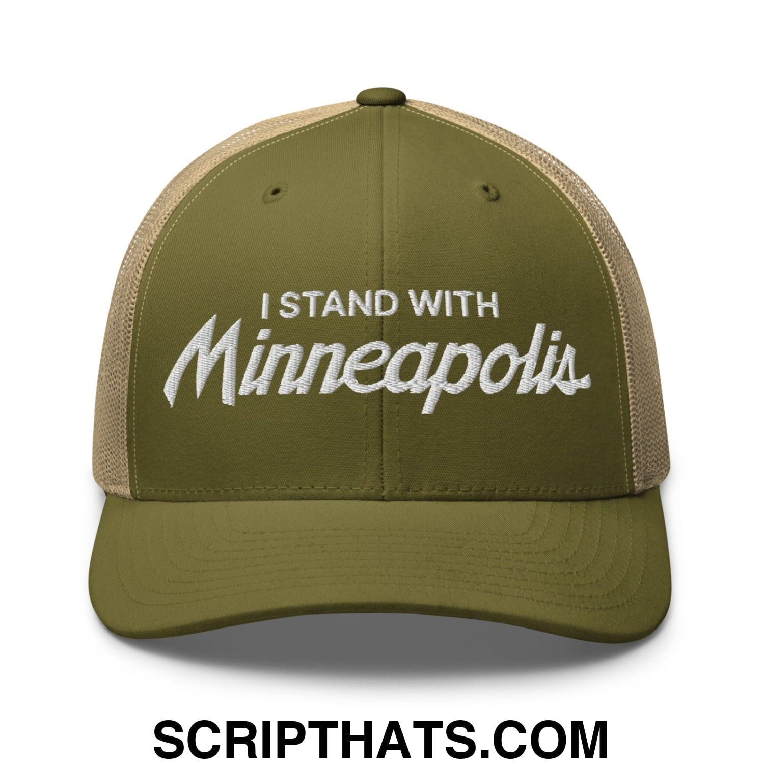 I Stand With Minneapolis Embroidered Mesh Trucker Hat Moss Khaki